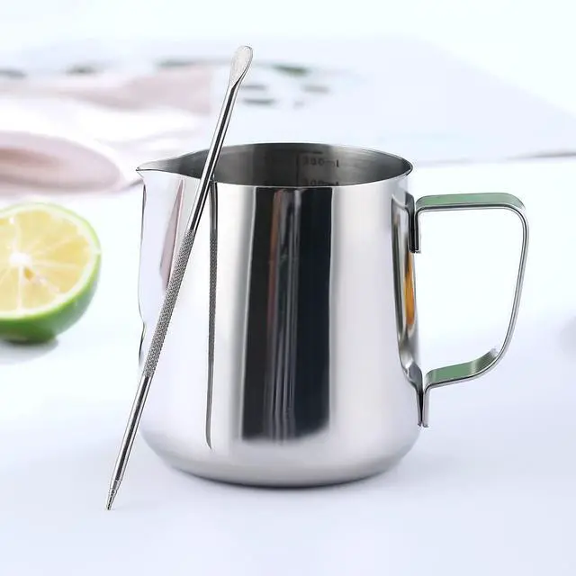 Alt view image 3 of 7 - Milk Frothing Pitcher 12oz - 350ml, Kyraton Stainless Steel Espresso Steaming Pitchers with Decorating Pen,Milk Coffee Frother Cups Cappuccino Latte Art Barista Steam Pitchers Milk Jug Cup (Silver)
