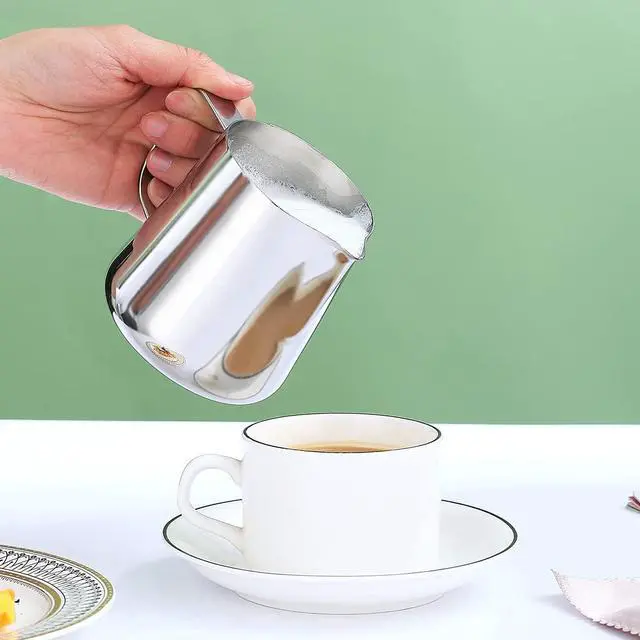 Alt view image 4 of 7 - Milk Frothing Pitcher 12oz - 350ml, Kyraton Stainless Steel Espresso Steaming Pitchers with Decorating Pen,Milk Coffee Frother Cups Cappuccino Latte Art Barista Steam Pitchers Milk Jug Cup (Silver)
