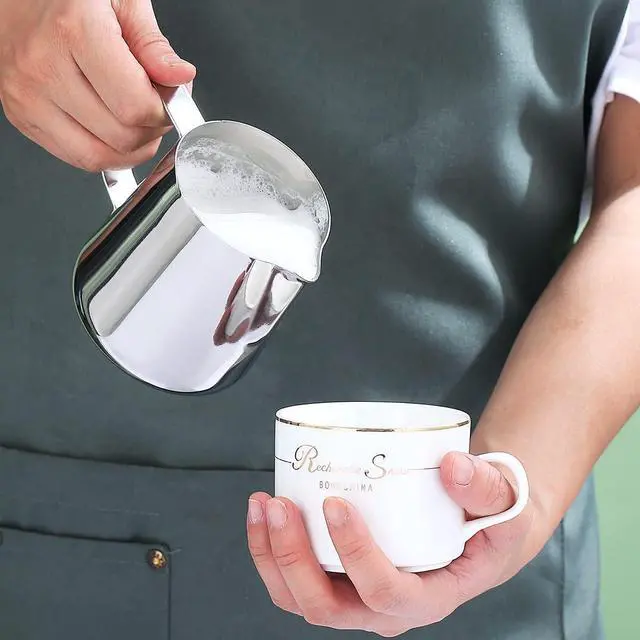 Alt view image 5 of 7 - Milk Frothing Pitcher 12oz - 350ml, Kyraton Stainless Steel Espresso Steaming Pitchers with Decorating Pen,Milk Coffee Frother Cups Cappuccino Latte Art Barista Steam Pitchers Milk Jug Cup (Silver)