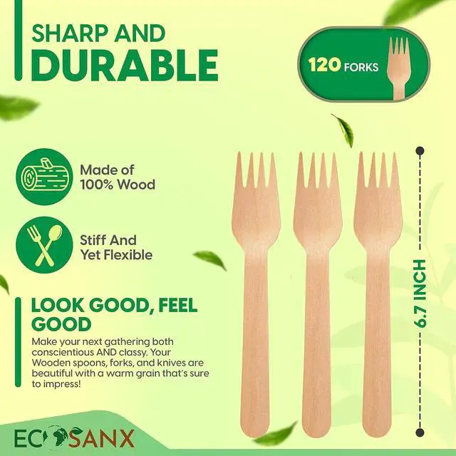 Alt view image 2 of 7 - ECOSANX® 120 PCs Wooden forks for eating 6.3" Splinter Free Compostable Forks, Eco-Friendly Wooden Cutlery for Party & Outdoor, Disposable forks for Camping, Events & More