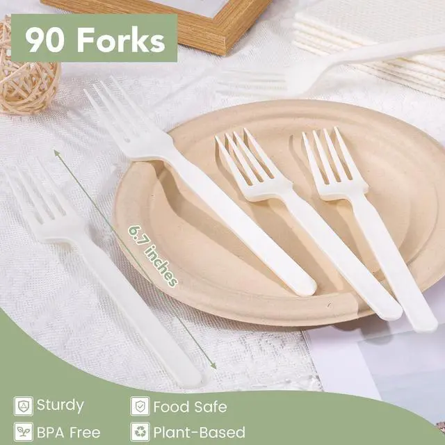 Alt view image 2 of 7 - 90 Count Disposable Compostable Forks BPA-Free Plant-Based CPLA Plastic Alternative for Parties & Everyday Use