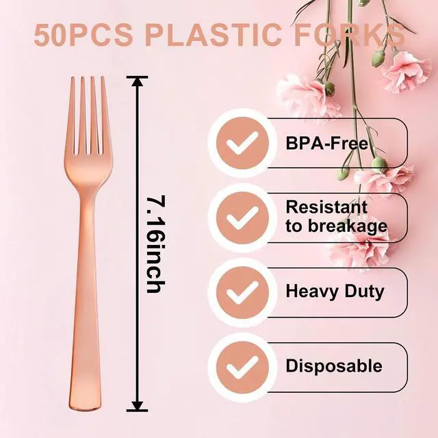 Alt view image 2 of 7 - YOUBET 50PCS Rose Gold Plastic Forks for Party Picnic Wedding