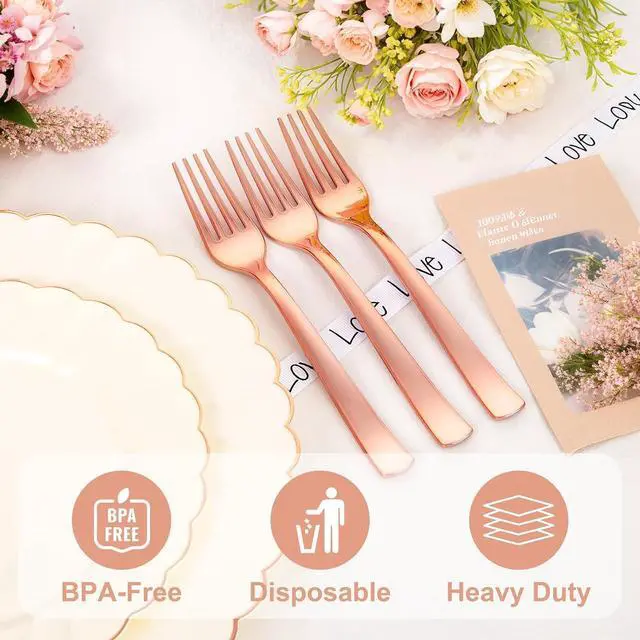 Alt view image 5 of 7 - YOUBET 50PCS Rose Gold Plastic Forks for Party Picnic Wedding