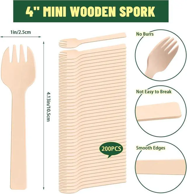 Alt view image 2 of 7 - 200 Pack 4" Mini Wooden Spork Disposable Spork Biodegradable Birchwood Fork Spoon for Camping, Party, Wedding and Family Gatherings