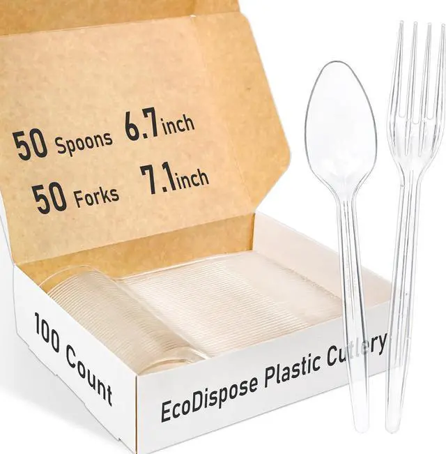 Main image of EcoDispose 100 Count Plastic Disposable Cutlery Set, 50 Forks & 50 Spoons