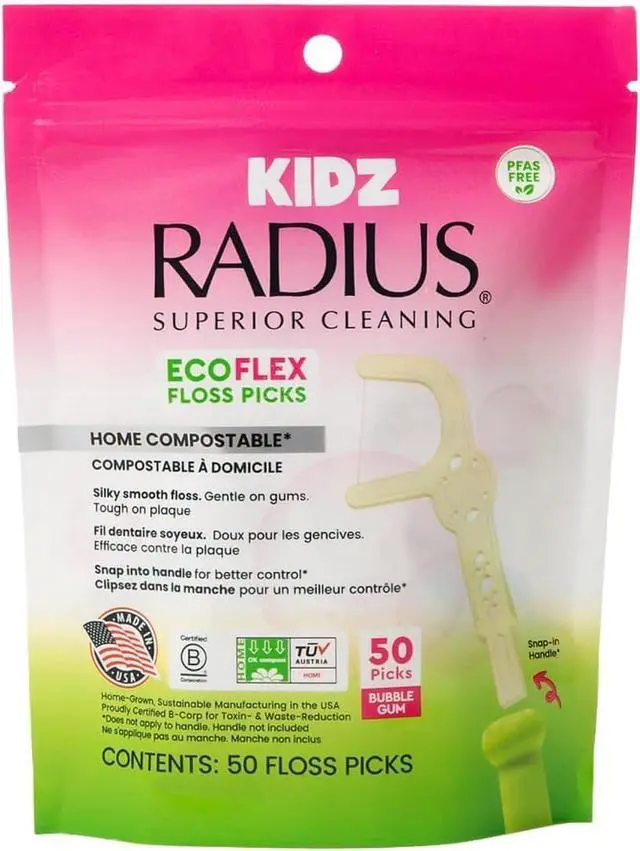 Main image of Radius Bubblegum EcoFlex Compostable Floss Picks Kids for Oral Care Boost Non Toxic Tooth & Gum Protection