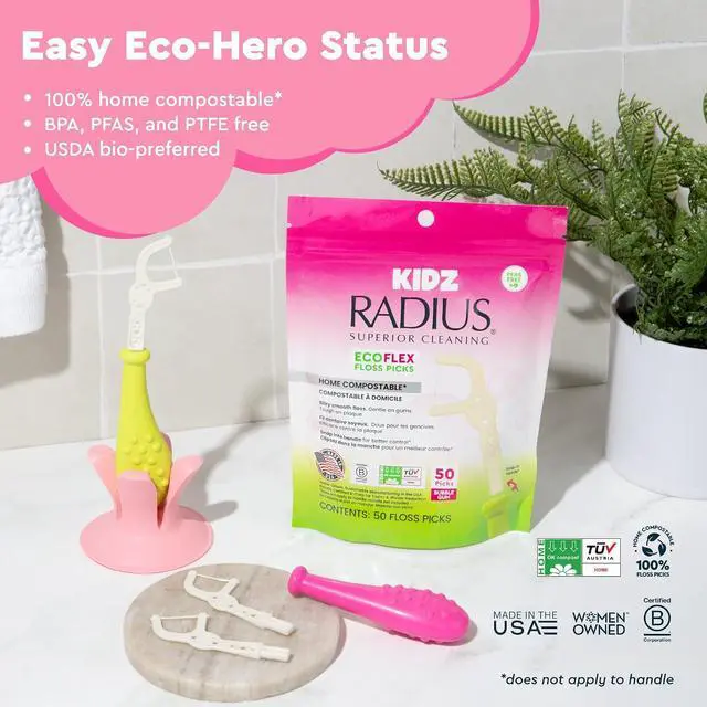 Alt view image 7 of 7 - Radius Bubblegum EcoFlex Compostable Floss Picks Kids for Oral Care Boost Non Toxic Tooth & Gum Protection