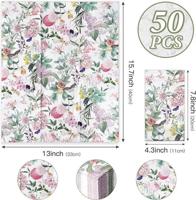 Alt view image 2 of 5 - RUSPEPA Decorative Paper Hand Towels Bright Flower Disposable Napkins for Bathroom, Guest Room and Kitchen, 3 Ply 4.3" x 7.5" Folded Seasonal Dinner Decorative for Wedding, Baby Shower, 50 Packs