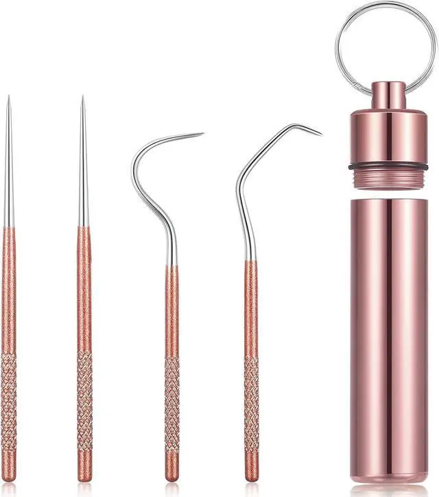 Main image of Portable Titanium Toothpicks Pocket Set Reusable Metal Stainless Steel Toothpicks with Holder for Outdoor Picnic and Camping (Rose Gold,1 Set)
