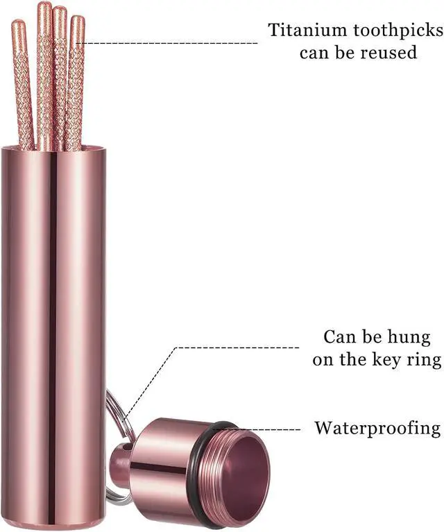 Alt view image 3 of 7 - Portable Titanium Toothpicks Pocket Set Reusable Metal Stainless Steel Toothpicks with Holder for Outdoor Picnic and Camping (Rose Gold,1 Set)