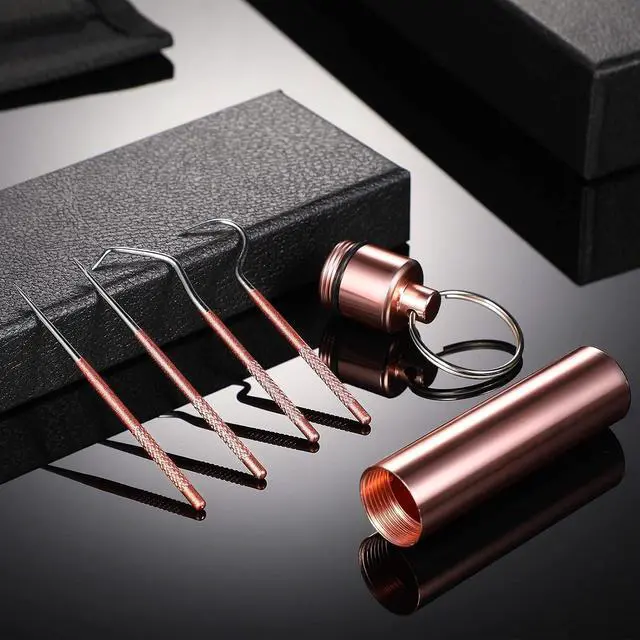 Alt view image 7 of 7 - Portable Titanium Toothpicks Pocket Set Reusable Metal Stainless Steel Toothpicks with Holder for Outdoor Picnic and Camping (Rose Gold,1 Set)