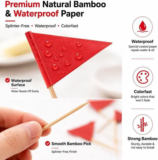 Alt view image 3 of 6 - CARGEN 100pcs Writable Red Flag Toothpicks for Cupcakes & Buffet Party