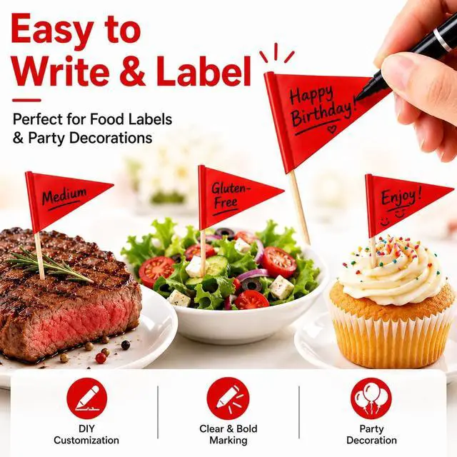 Alt view image 4 of 6 - CARGEN 100pcs Writable Red Flag Toothpicks for Cupcakes & Buffet Party