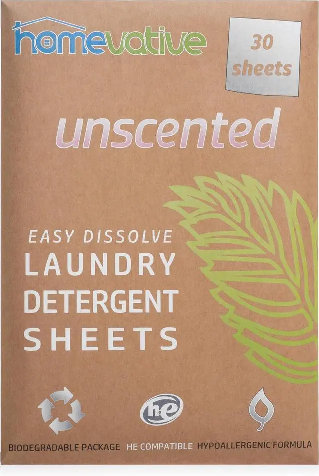 Main image of Homevative Laundry Detergent Sheets, 30 Sheets, Up to 60 Loads, Easy Dissolve, Unscented, Eco package, HE Compatible, Septic friendly, Great for travel, college, laundromat and at home
