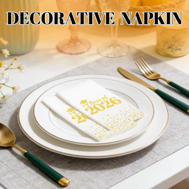 Alt view image 2 of 7 - Graduation Napkins Paper Napkins Disposable Congrats Grad Cocktail Napkins Class of 2026 Guest Napkins Dinner Hand Towels for High School College Graduation Party Decorations Supplies, 50 Pack, Gold