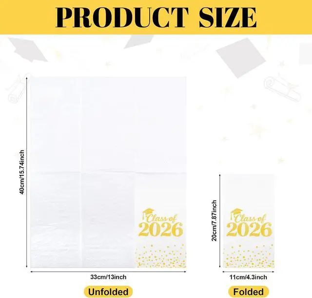 Alt view image 3 of 7 - Graduation Napkins Paper Napkins Disposable Congrats Grad Cocktail Napkins Class of 2026 Guest Napkins Dinner Hand Towels for High School College Graduation Party Decorations Supplies, 50 Pack, Gold