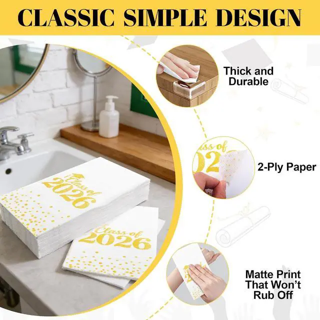 Alt view image 4 of 7 - Graduation Napkins Paper Napkins Disposable Congrats Grad Cocktail Napkins Class of 2026 Guest Napkins Dinner Hand Towels for High School College Graduation Party Decorations Supplies, 50 Pack, Gold