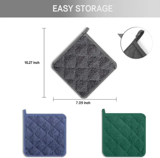 Alt view image 2 of 6 - Potholders, Pot Holders for Kitchen Heat Resistant Cotton Hot Pads with Hanging Loops, 3-Pack (Blue+Gray+Green)