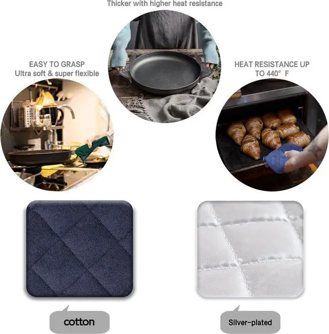 Alt view image 3 of 6 - Potholders, Pot Holders for Kitchen Heat Resistant Cotton Hot Pads with Hanging Loops, 3-Pack (Blue+Gray+Green)