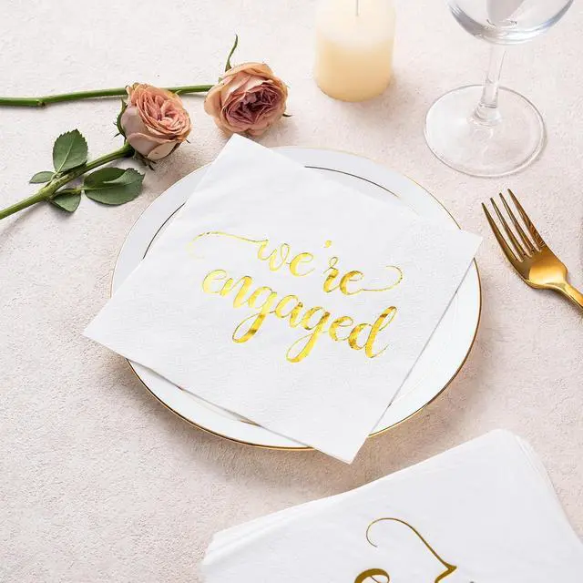 Alt view image 4 of 7 - WRAPAHOLIC 50Pcs Gold We're Engaged Napkins - 3 Ply Disposable Paper Luncheon Napkin for Tableware Party Supplies - 6.5 x 6.5 In