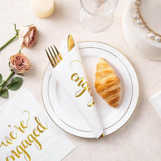 Alt view image 5 of 7 - WRAPAHOLIC 50Pcs Gold We're Engaged Napkins - 3 Ply Disposable Paper Luncheon Napkin for Tableware Party Supplies - 6.5 x 6.5 In