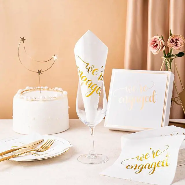 Alt view image 6 of 7 - WRAPAHOLIC 50Pcs Gold We're Engaged Napkins - 3 Ply Disposable Paper Luncheon Napkin for Tableware Party Supplies - 6.5 x 6.5 In