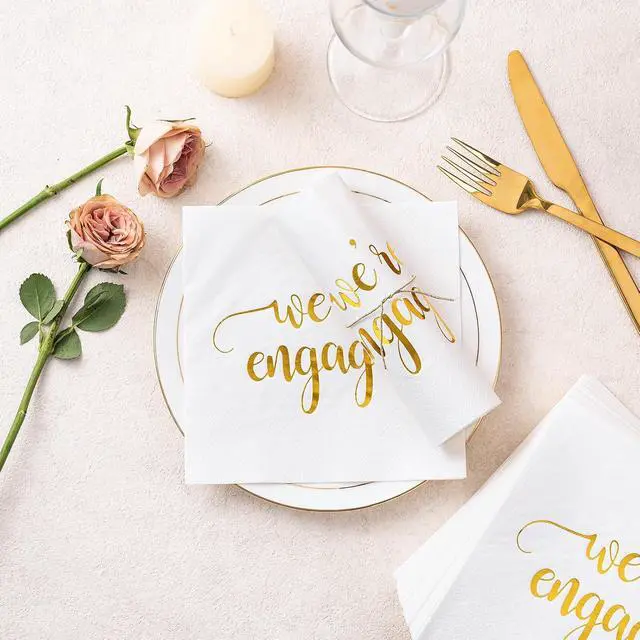 Alt view image 7 of 7 - WRAPAHOLIC 50Pcs Gold We're Engaged Napkins - 3 Ply Disposable Paper Luncheon Napkin for Tableware Party Supplies - 6.5 x 6.5 In
