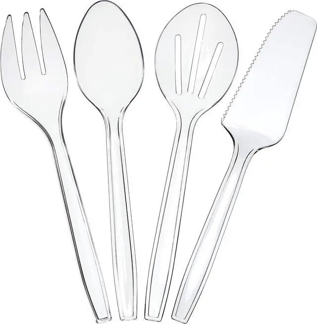 Main image of Plasticpro Disposable Plastic Serving Utensils Set of 12, 3 Spoons, 3 Forks 3 Knives, 3 Sifting Spoons, Clear Heavyweight