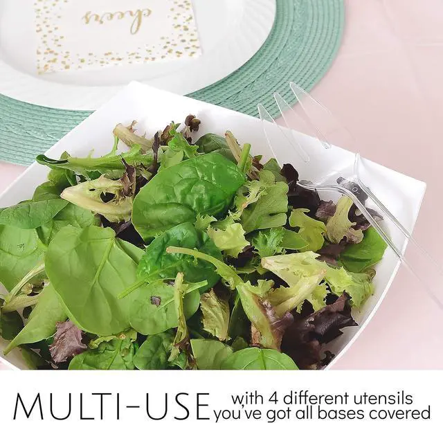 Alt view image 6 of 6 - Plasticpro Disposable Plastic Serving Utensils Set of 12, 3 Spoons, 3 Forks 3 Knives, 3 Sifting Spoons, Clear Heavyweight