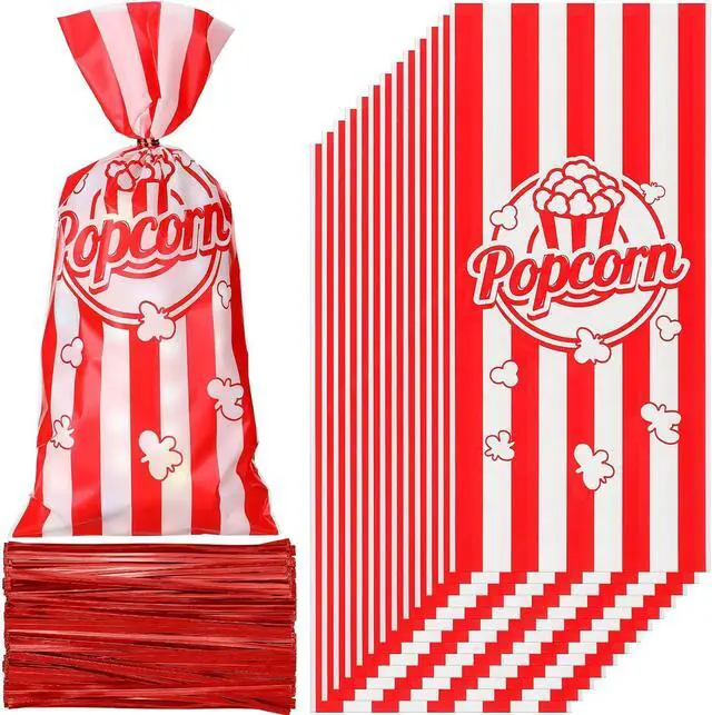 Main image of Teling 100 Pcs Popcorn Treat Bags 100 Pcs Popcorn Treat Bags for Party Red White Stripe Cookie Candy Bags with 150 Red Twist Ties for Circus Carnival Birthday Party Favor