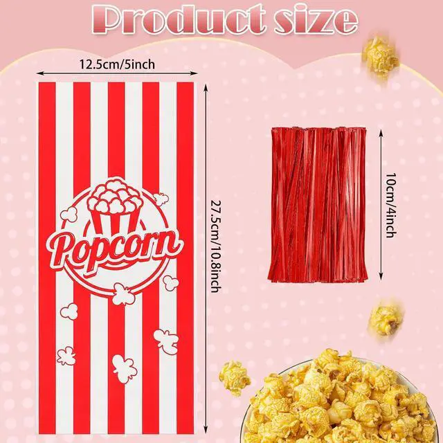 Alt view image 2 of 6 - Teling 100 Pcs Popcorn Treat Bags 100 Pcs Popcorn Treat Bags for Party Red White Stripe Cookie Candy Bags with 150 Red Twist Ties for Circus Carnival Birthday Party Favor