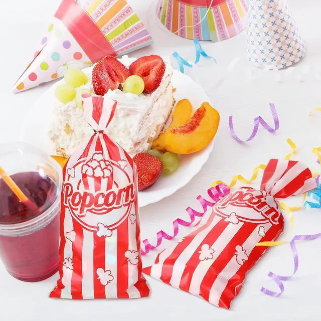 Alt view image 5 of 6 - Teling 100 Pcs Popcorn Treat Bags 100 Pcs Popcorn Treat Bags for Party Red White Stripe Cookie Candy Bags with 150 Red Twist Ties for Circus Carnival Birthday Party Favor
