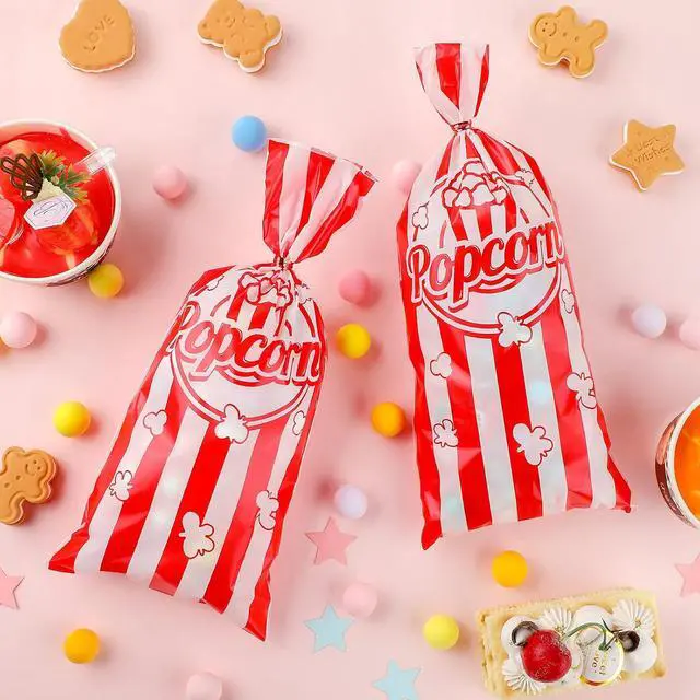 Alt view image 3 of 6 - Teling 100 Pcs Popcorn Treat Bags 100 Pcs Popcorn Treat Bags for Party Red White Stripe Cookie Candy Bags with 150 Red Twist Ties for Circus Carnival Birthday Party Favor