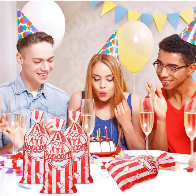 Alt view image 4 of 6 - Teling 100 Pcs Popcorn Treat Bags 100 Pcs Popcorn Treat Bags for Party Red White Stripe Cookie Candy Bags with 150 Red Twist Ties for Circus Carnival Birthday Party Favor