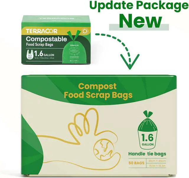 Alt view image 2 of 7 - 1.6 Gallon Compostable Food Scrap Bags Handle Tie for Kitchen Countertop Bin, 6 Liter Small Compost Bags, 50 Count, BPI Certified and Meet The ASTM D6400 Standard