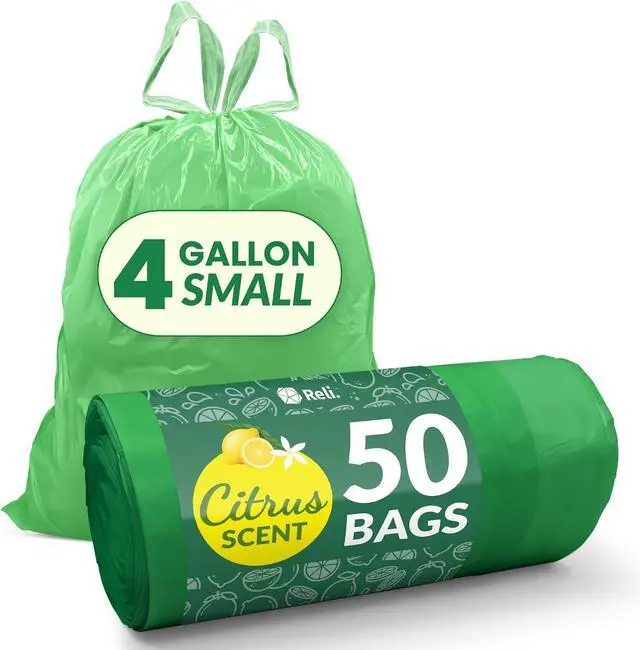 Main image of Reli. Small Trash Bags Drawstring 4 Gallon (50 Count) Citrus Scented