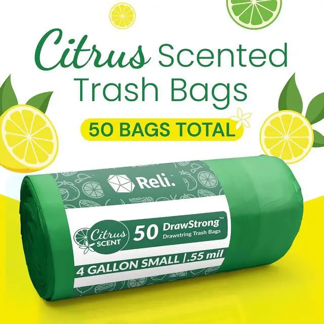 Alt view image 2 of 7 - Reli. Small Trash Bags Drawstring 4 Gallon (50 Count) Citrus Scented