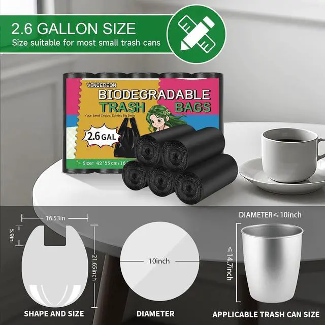 Alt view image 2 of 7 - 2.6 Gallon Small-Trash-Bag With Handles - Black Bathroom Mini Garbage Bags 100 Count Biodegradable 10 Liter Unscented Little Wastebasket Liners For Car Office Kitchen