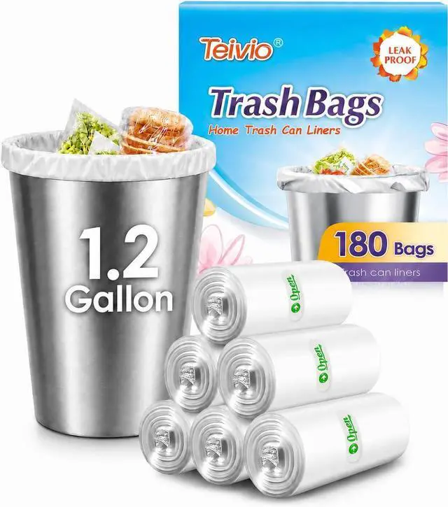 Main image of Teivio Small Clear Trash Bags 1.2 Gallon 180 Count Bathroom Garbage Bags