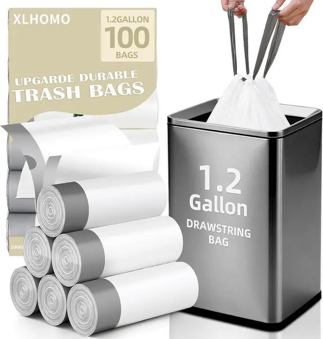 Main image of 1.2 Gallon Trash Bags, 100 Count White Trash Bags Drawstring Small Garbage Bags Thick Pre-separated Unscented Trash Can Liners for Bathroom Office Kitchen Bedroom Home