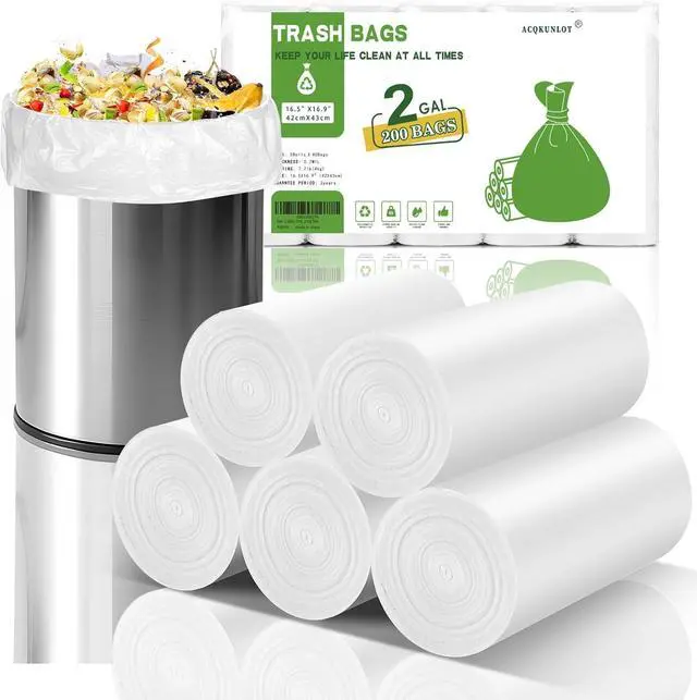 Main image of 2 Gallon Small Bathroom Trash-Bags - Mini Garbage Bags Biodegradable White Trash Can Liners 200 Count Kitchen Office Car Little Waste Basket Unscented Tiny Strong Thick