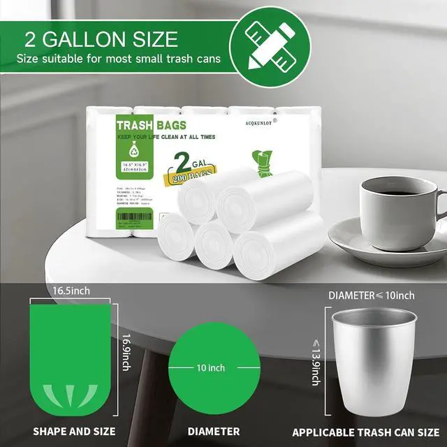 Alt view image 2 of 6 - 2 Gallon Small Bathroom Trash-Bags - Mini Garbage Bags Biodegradable White Trash Can Liners 200 Count Kitchen Office Car Little Waste Basket Unscented Tiny Strong Thick