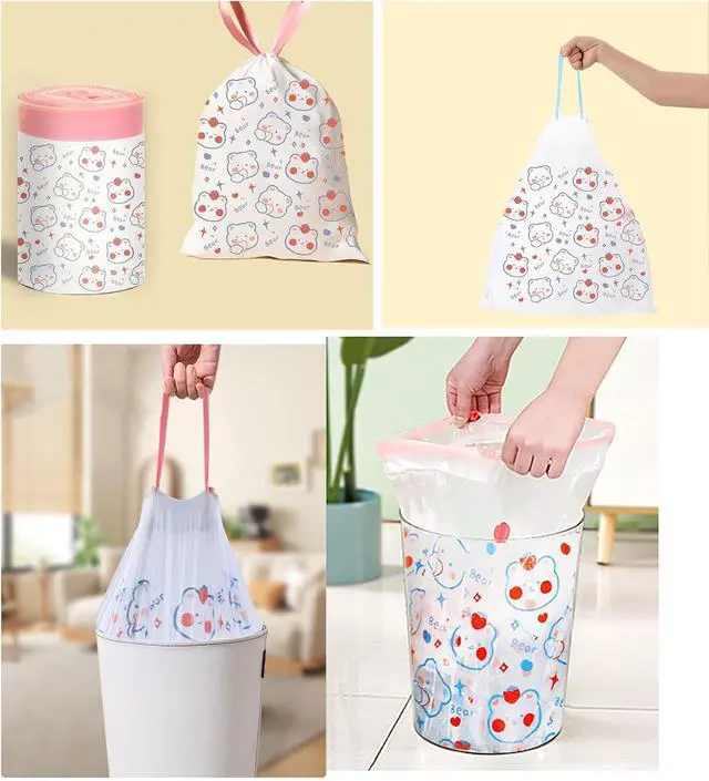 Alt view image 6 of 7 - 4 Gallon Trash Bags 75 Count- Drawstring small trash Bags 1.1mil Thick for Bathroom, Kitchen, Bedroom, Office Toilet Home (White-pink, 75Counts)