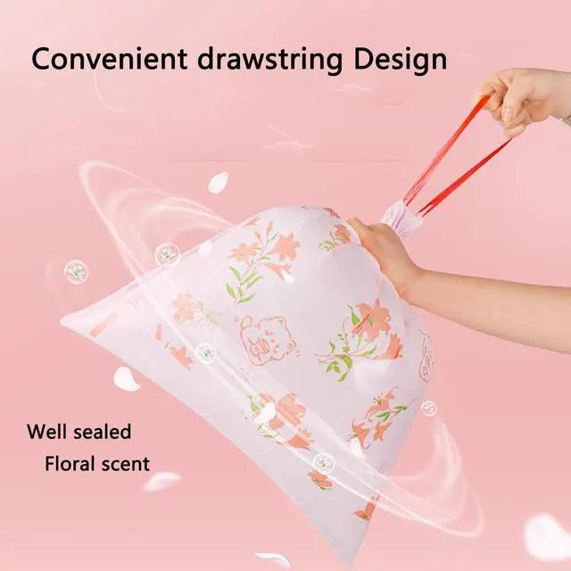 Alt view image 5 of 7 - 4 Gallon Small Trash Bags 78pcs Tearing-Free Drawstring for Bathroom Office Home Bedroom Trash Can with Pink Lily Printed Garbage Basket Bags