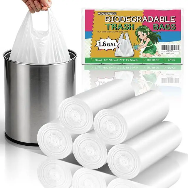 Main image of 1.6 Gallon Small Trash Bags For Bathroom - White With Handles Biodegradable Mini Garbage Bags 100 Count Fit 1.3-1.5Gal6 Liter Unscented Little Wastebasket Liners For Car Office Kitchen Vincereon