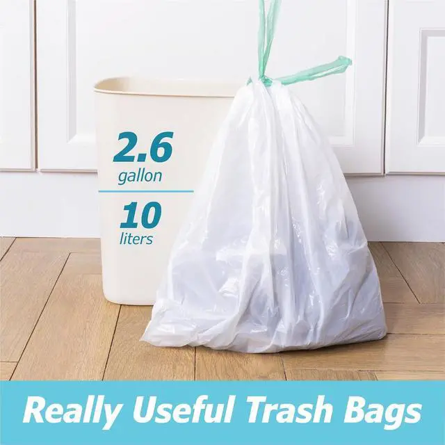 Alt view image 3 of 7 - 2.6 Gallon Drawstring Trash Bags - 0.43 Mil Strong - Small Garbage Bags - for Office Bathroom Kitchen - Individual, Unscented, White, 17" x 17", 60 Count