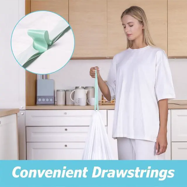 Alt view image 4 of 7 - 2.6 Gallon Drawstring Trash Bags - 0.43 Mil Strong - Small Garbage Bags - for Office Bathroom Kitchen - Individual, Unscented, White, 17" x 17", 60 Count
