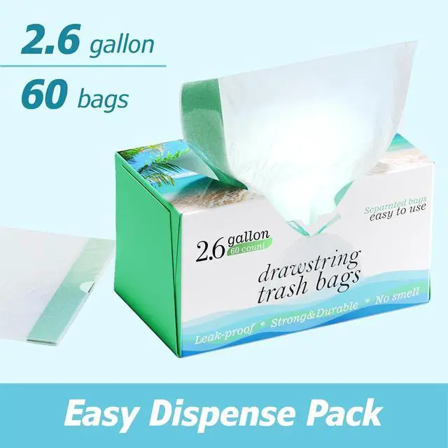 Alt view image 7 of 7 - 2.6 Gallon Drawstring Trash Bags - 0.43 Mil Strong - Small Garbage Bags - for Office Bathroom Kitchen - Individual, Unscented, White, 17" x 17", 60 Count