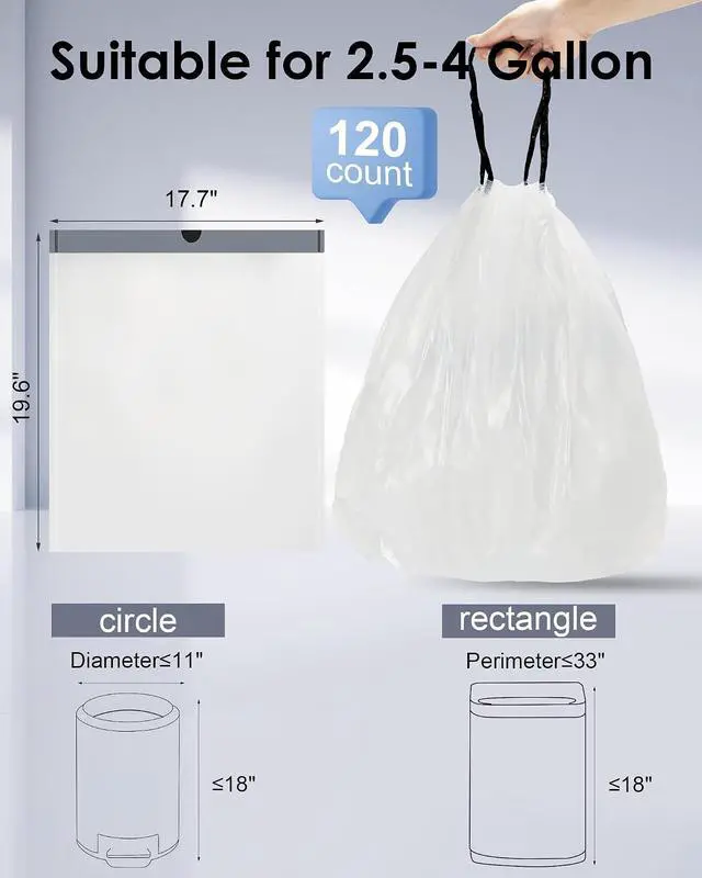 Alt view image 2 of 6 - ELPHECO 2.6 Gallon Drawstring Trash Bags, Small Garbage Bags,120 Counts