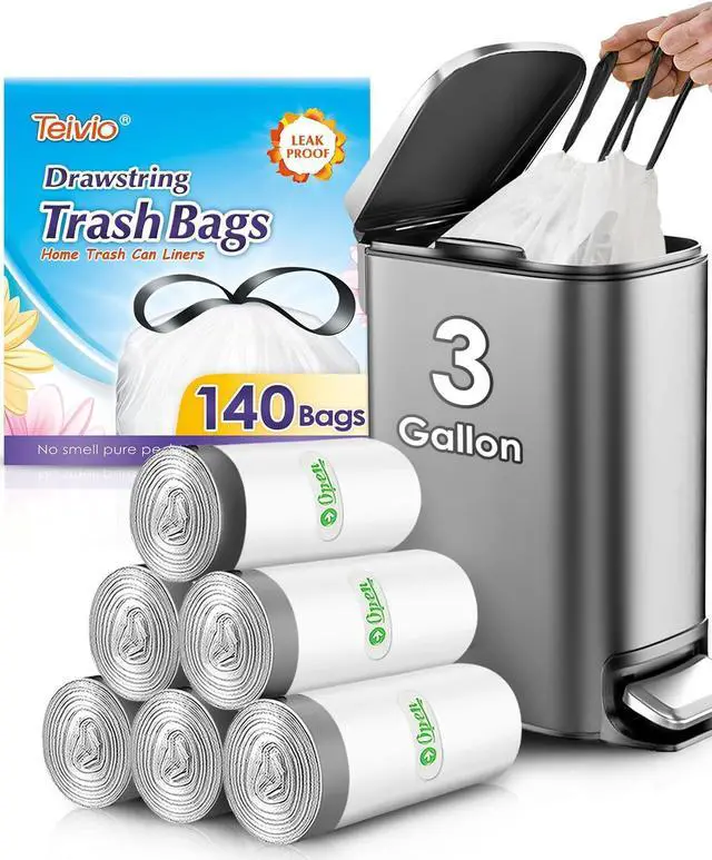 Main image of 3 Gallon Small 140 Counts Strong Drawstring Trash Bags Garbage Bags by Teivio, Bathroom Trash Can Bin Liners, Plastic Bags for home office kitchen, White